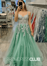 Cheryl |Sage Green Prom Dresses Long A Line Sparkly Spaghetti Straps with Appliques - Price #price_variant_lowest# - Sage - PromDressClub